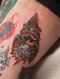 Traditional wizard frog skull tattoo by @jadee.tattoo