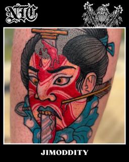 Traditional samurai head tattoo by @jimoddity