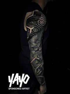 Realism geometric portrait tattoo by @jamiegibbonstattoo