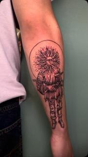Blackwork sun knight tattoo by @jammersink