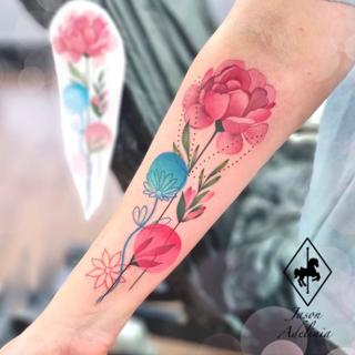 Illustrative colorful floral tattoo by @jason_adelinia