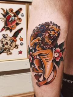 Traditional traditional lion tattoo by @flashntatz