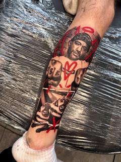Realism portrait collage tattoo by @whoisjaybanq