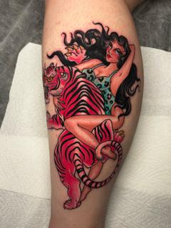 Traditional woman with tiger tattoo by @jen_mogg_tattoo