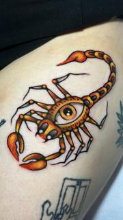 Traditional eye scorpion tattoo by @jerome_palo