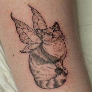 Fine line fairy cat tattoo by @jimi.james.tattoos