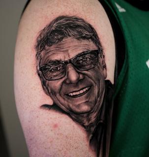 Realism portrait with glasses tattoo by @jordanferristattoo
