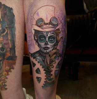 Realism steampunk sugar skull tattoo by @joshwaatattoo