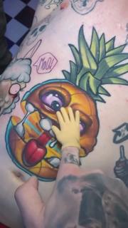New school cartoon pineapple tattoo by @joshhermantattoo