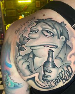 Illustrative cartoon character tattoo by @joshhermantattoo