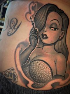 New school cartoon woman tattoo by @joshhermantattoo