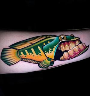 Traditional cartoon fish tattoo by @joshpeacock_obe1