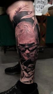 Realism sunglasses portrait tattoo by @jtatattoos
