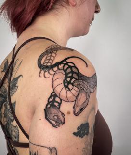 Blackwork snake heads tattoo by @kalli_k_