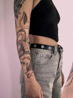 Fine line fox and snake tattoo by @kalli_k_
