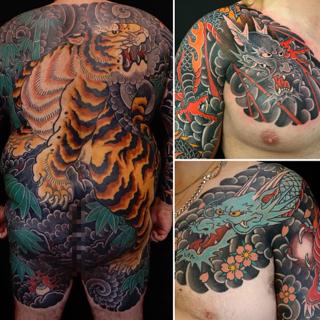 Japanese traditional japanese tiger dragon tattoo by @kanae_tattooer