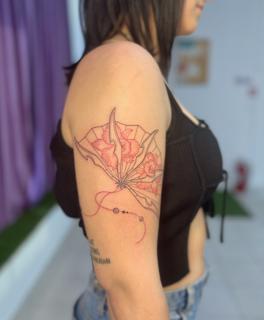 Fine line floral fan tattoo by @katia.iink