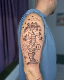 Fine line dna tree tattoo by @katia.iink