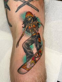 Neo-traditional snowboarding skeleton tattoo by @katysars
