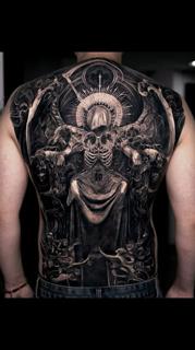 Realism skeleton throne tattoo by @kazin_tattooer