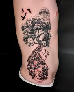 Realism tree and moon tattoo by @kellzmorgantattoos