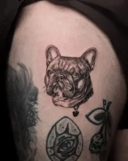 Realism bulldog portrait tattoo by @kellzmorgantattoos