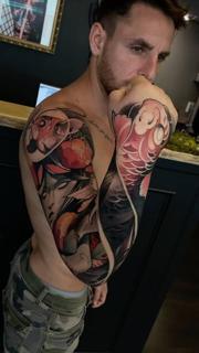 Neo-traditional koi woman floral tattoo by @kennipoke