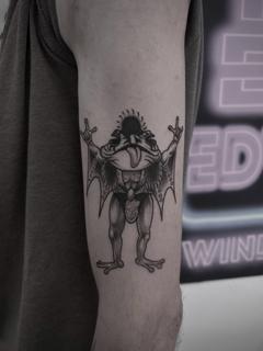 Illustrative rocker frog tattoo by @kerieedwardstattoo