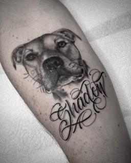 Realism dog portrait shadow tattoo by @kerieedwardstattoo