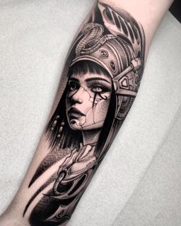 Blackwork cybernetic warrior tattoo by @kinezos_qq