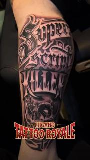 Blackwork lettering skull tattoo by @kingsley_hayward