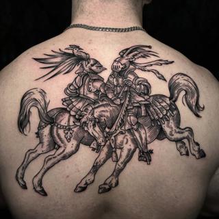 Illustrative jousting knights tattoo by @konna.aesthetics