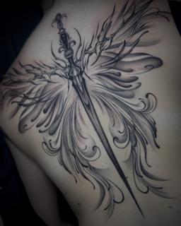 Blackwork sword wings tattoo by @zzirini
