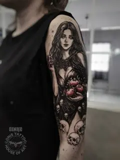 Blackwork woman with skulls tattoo by @sinke_