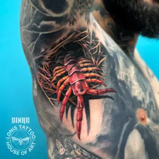 Realism red scorpion tattoo by @sinke_