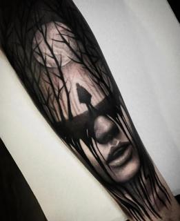 Dark realism dripping face forest tattoo by @kriswilson_ink
