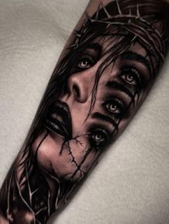 Dark realism surreal woman portrait tattoo by @kriswilson_ink