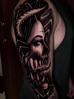 Dark realism demonic woman portrait tattoo by @kriswilson_ink