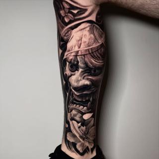 Japanese hannya mask tattoo by @lazaros_brone