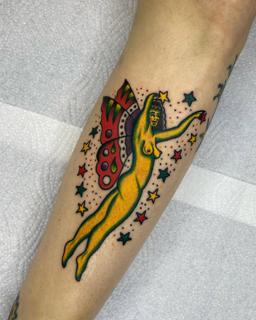 Traditional butterfly woman tattoo by @no.karate.in.the.pit