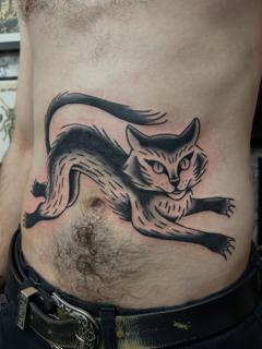 Traditional illustrative cat tattoo by @ashestattoo