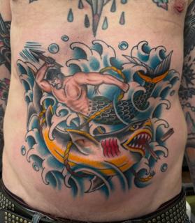 Traditional merman and shark tattoo by @shedwolf