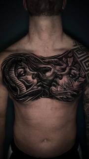 Realism medusa faces tattoo by @ozkotattooart