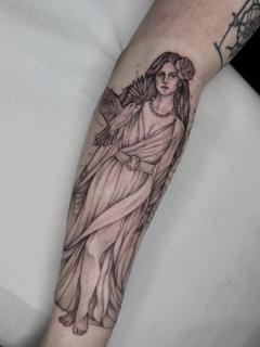 Fine line dotwork goddess figure tattoo by @lucky_lou_tattoos