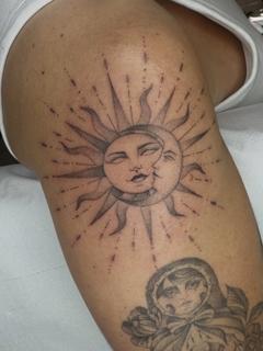 Fine line dotwork celestial faces tattoo by @lucky_lou_tattoos