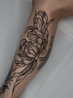 Illustrative blackwork chrysanthemum flower tattoo by @lucky_lou_tattoos