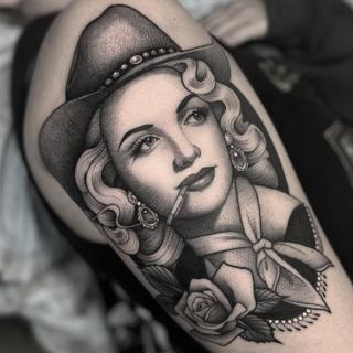 Realism cowgirl portrait tattoo by @lunalucerotattoo
