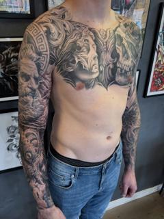 Realism mythological skull portrait tattoo by @mads.flugt