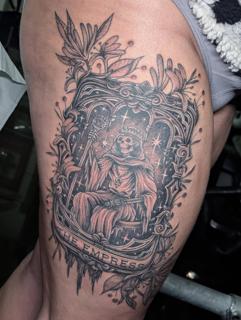 Blackwork skeleton empress tattoo by @maisie.llewellyn