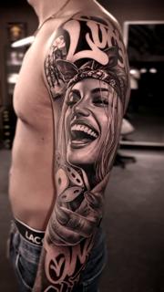 Realism smiling woman tattoo by @maksimprimo